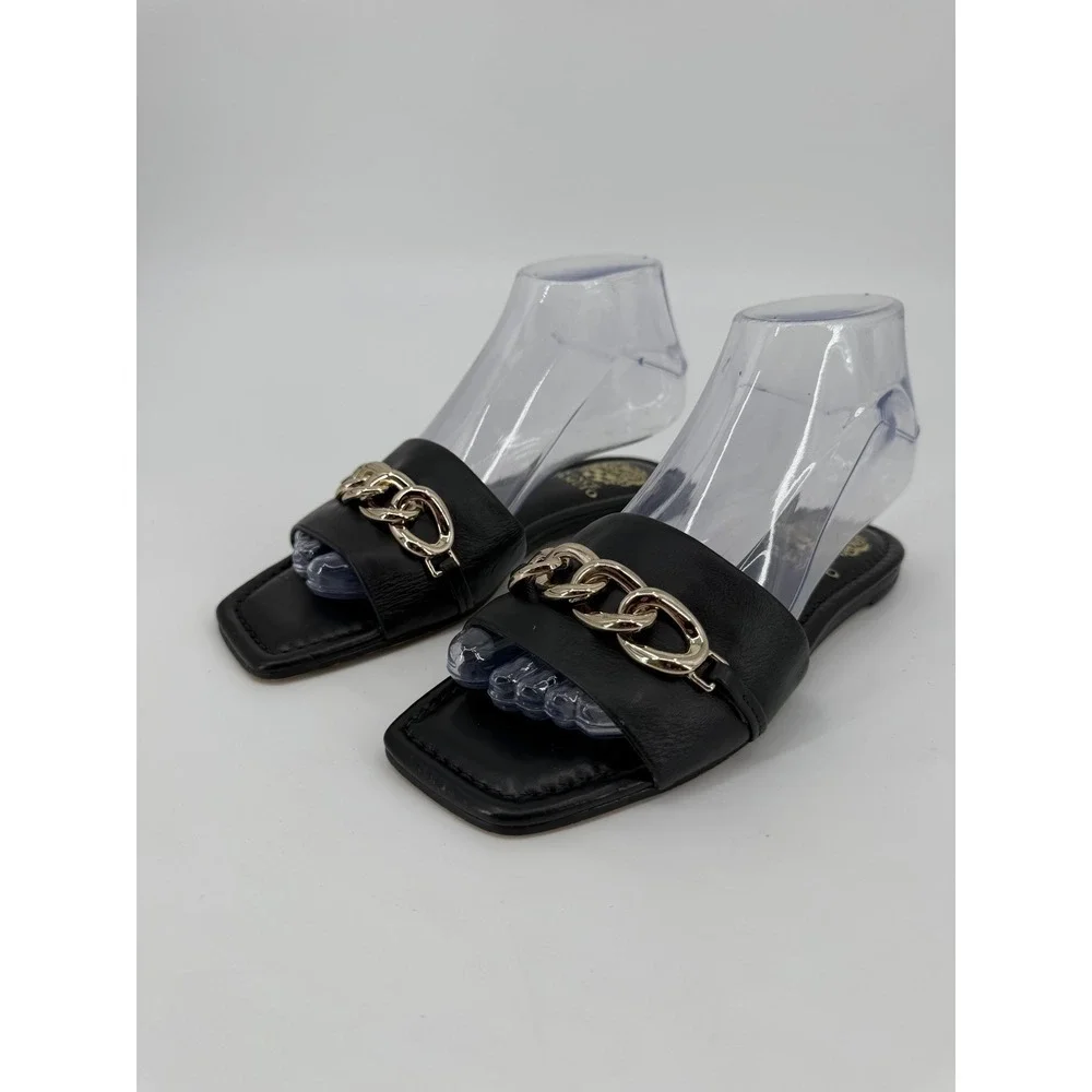 Vince Camuto Black Leather Gold Chain Link Square Toe Slide Sandals 7.5M/38